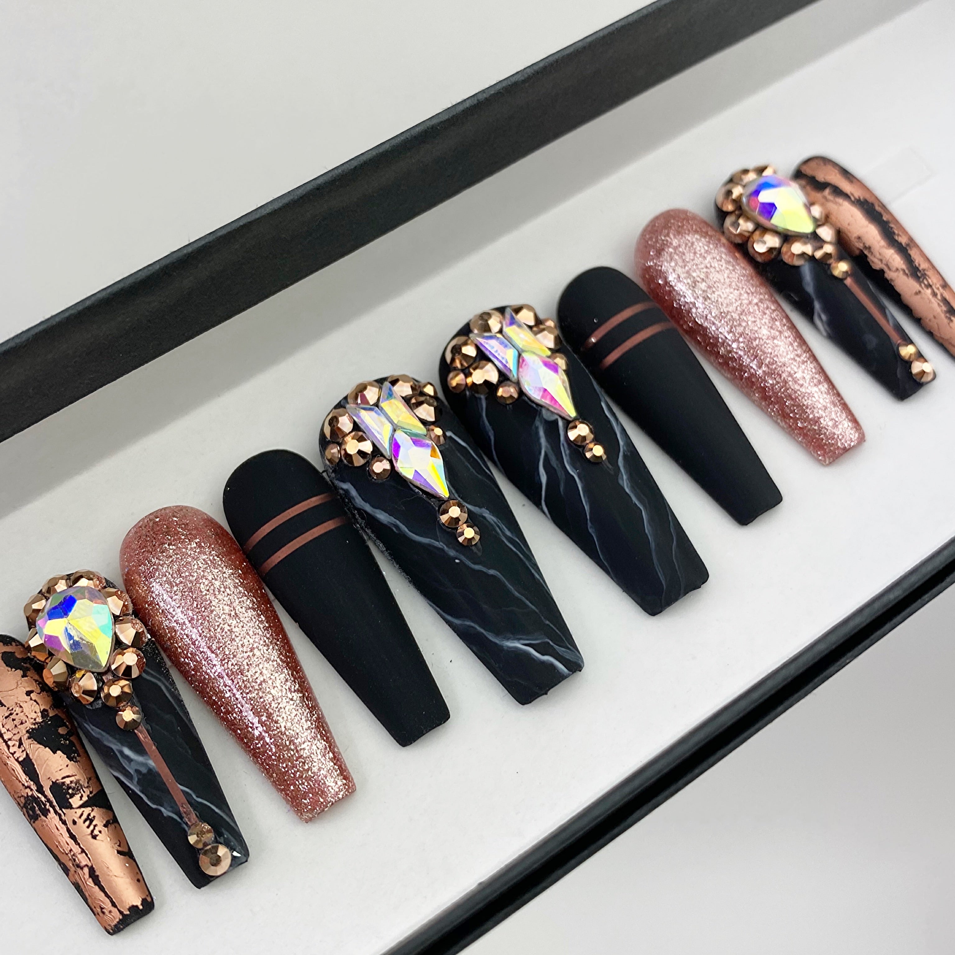 Black Marble + Gold Flakes. Long Coffin Shaped.  Coffin shape nails,  Fashion nails, Nail jewels