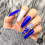 Handmade- Glossy #1 Blue Pearl Glitter Bling Crystal Press On Nail