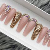 Handmade- Glossy Soph Pink Sophisticated Pink Glitter Bling Crystal Ombre Press On Nail Set
