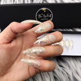 Handmade- Clear Starburst Glossy Clear Iridescent Glitter Mix Press On Nail Set