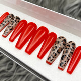 Handmade- Haute Leopard glossy red Solid Tipping Animal Print Press On Nail Set