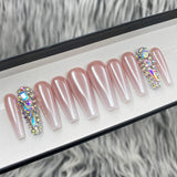 Handmade- Baby Boomer Ombre Chandelier Crystal Bling Glazed Donut Press On Nail Set