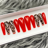Handmade- Haute Leopard glossy red Solid Tipping Animal Print Press On Nail Set