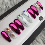 Handmade- Magenta, Jade, Lilac, Rosie Chrome Marble Bling Crystal Press On Nail Set