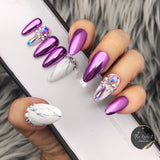 Handmade- Magenta, Jade, Lilac, Rosie Chrome Marble Bling Crystal Press On Nail Set