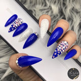 Handmade- Glossy #1 Blue Pearl Glitter Bling Crystal Press On Nail