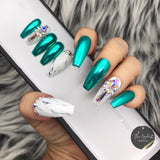Handmade- Magenta, Jade, Lilac, Rosie Chrome Marble Bling Crystal Press On Nail Set