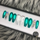 Handmade- Magenta, Jade, Lilac, Rosie Chrome Marble Bling Crystal Press On Nail Set