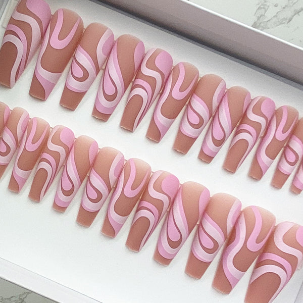 Instant Glam- Icy Pink Swirl C-Curve Long Coffin Press On Nail Set