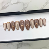 Handmade- Wishbone, Cat Eye Mixed with Rose Gold Wishbone Detail Press On Nail Set