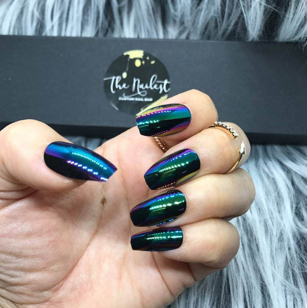 Holographic ombré nails with black love hologram. Acrylic designs. Square  nails Done at Le trendy by Jessica in El Pa… | Holographic nails, Gel nails,  Trendy nails