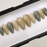 Handmade- Sage Moonstone Gold Glitter Accent Press On Nail Set