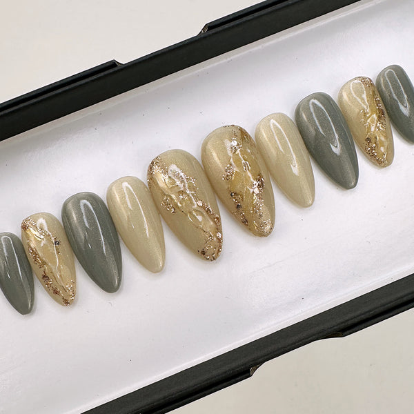 Handmade- Sage Moonstone Gold Glitter Accent Press On Nail Set