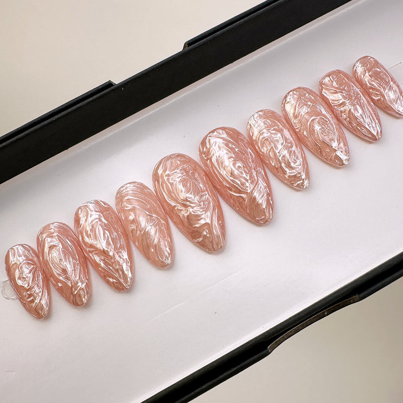 Handmade- Rose Oasis Chrome Marble Texture Press On Nails