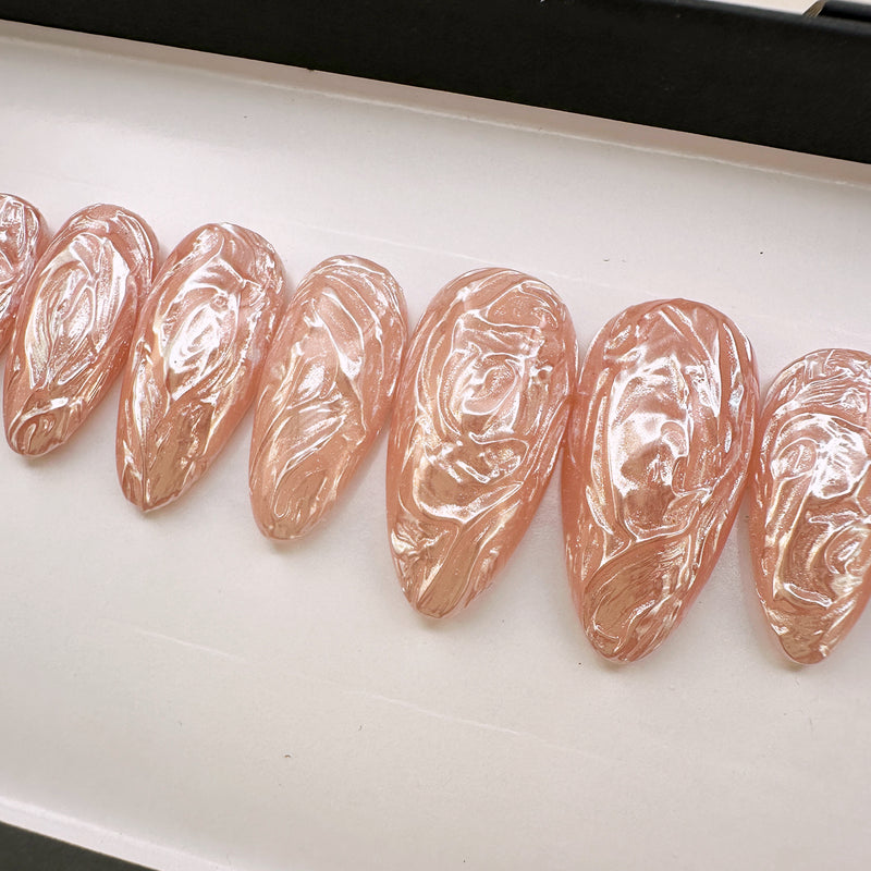 Handmade- Rose Oasis Chrome Marble Texture Press On Nails