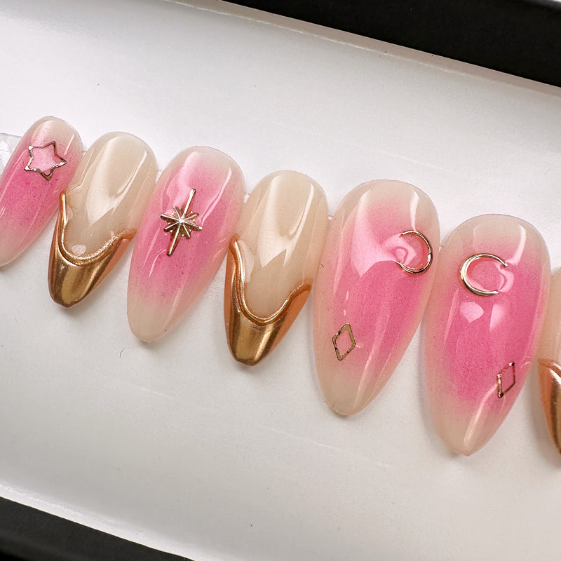 Handmade- Gold Starlight Pink Blush Accent Press On Nail Set.