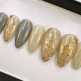 Handmade- Sage Moonstone Gold Glitter Accent Press On Nail Set