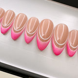 Handmade- Double Lineage, Double French Curve With Hot Pink Tipping Press On Nail Set