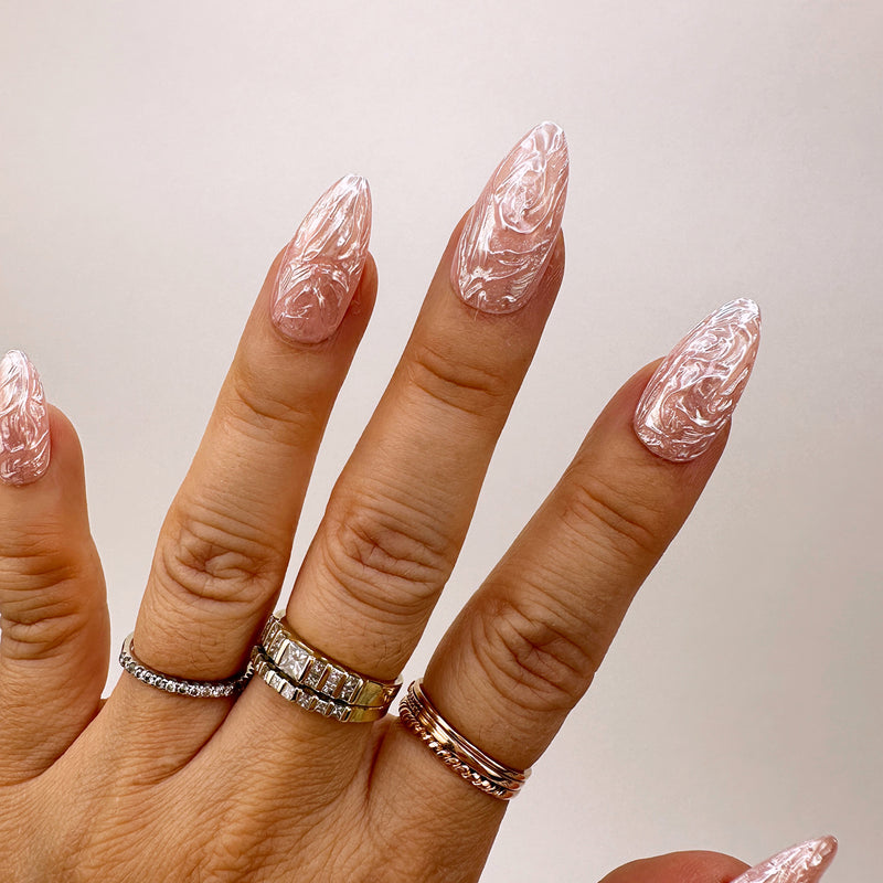 Handmade- Rose Oasis Chrome Marble Texture Press On Nails