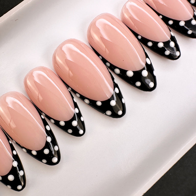 Handmade- Black French Dots- Black French with White Polka Dot Detail Press On Nail Set