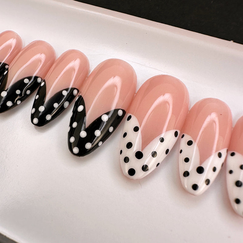 Handmade- Monochrome Dots- Black White Heart Shape Polka Dots Press On Nail Set