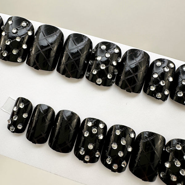 Instant Glam- Black Biker- Quilting Leather Details, Short Square Press On Nail Set