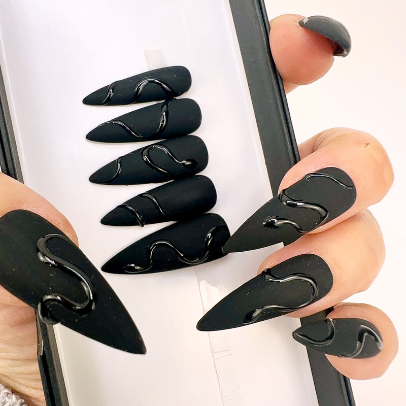 Handmade- Venom Black Swirl Halloween Press On Nail Set