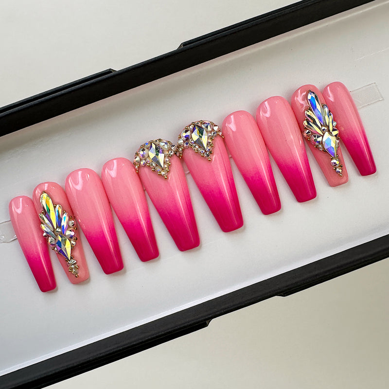 Ready To Ship Set Now- Pink Ombre Luxury Crystal, C-Curve Long Coffin, Size S