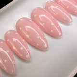 Handmade- Pink Poppy Dots, Pink Base with White Polka Dots Press On Nail Set