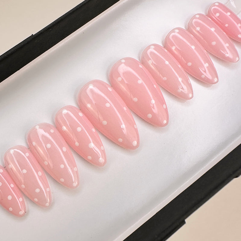 Handmade- Pink Poppy Dots, Pink Base with White Polka Dots Press On Nail Set