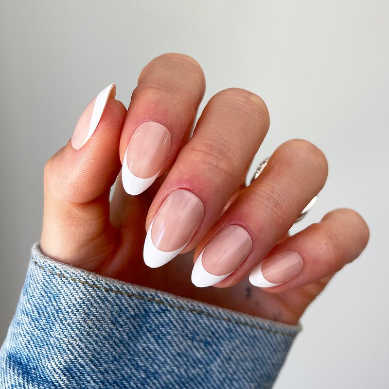 Press On Nails Short Almond Shape with Designs Glossy Nude White French  False Nails with Glue Kit for Women Fake Nails Set - Nude