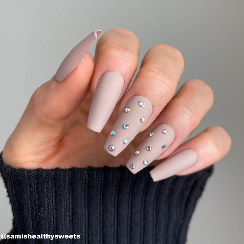 Press On Beige Coffin Nails with Crystals The Nailest