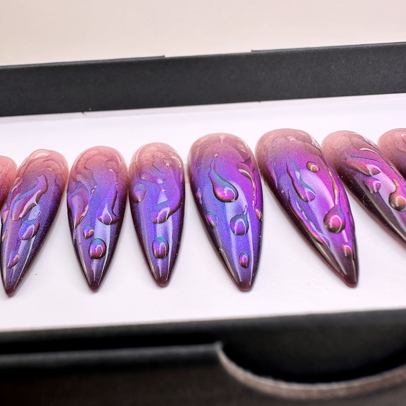 Handmade- Moonlit Drops Two Tone Cat Eye Press On Nail Set