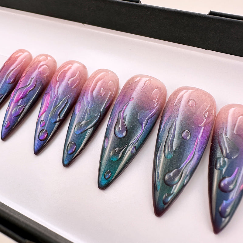 Handmade- Moonlit Drops Two Tone Cat Eye Press On Nail Set