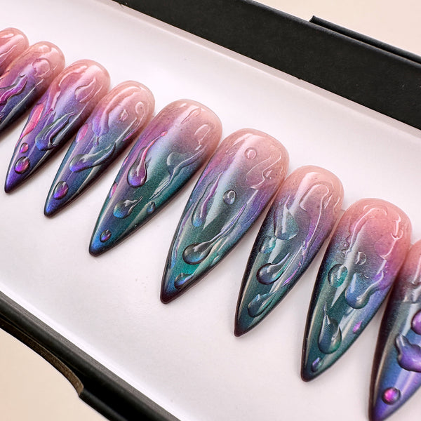 Handmade- Moonlit Drops Two Tone Cat Eye Press On Nail Set