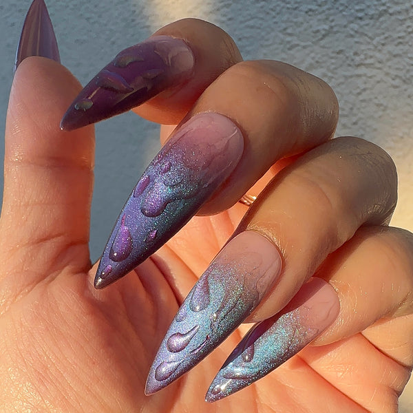 Handmade- Moonlit Drops Two Tone Cat Eye Press On Nail Set