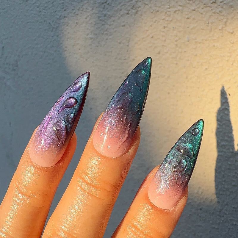 Handmade- Moonlit Drops Two Tone Cat Eye Press On Nail Set