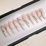 Handmade- Swirl of Steel- Nude White Ombre Sliver Chrome Swirl Press On Nail Set