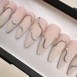 Handmade- Swirl of Steel- Nude White Ombre Sliver Chrome Swirl Press On Nail Set
