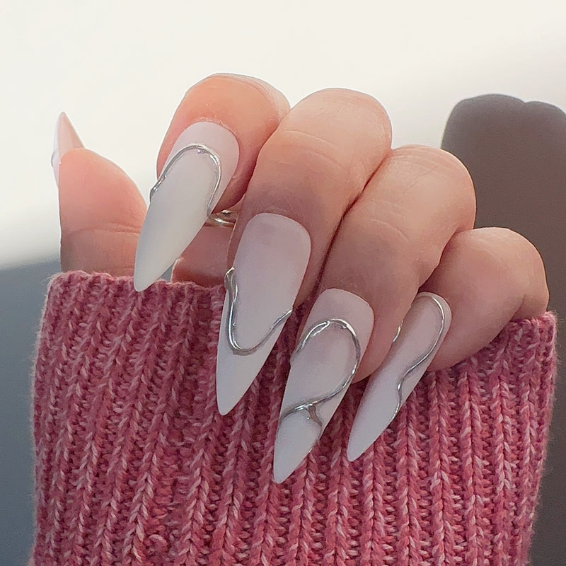 Handmade- Swirl of Steel- Nude White Ombre Sliver Chrome Swirl Press On Nail Set