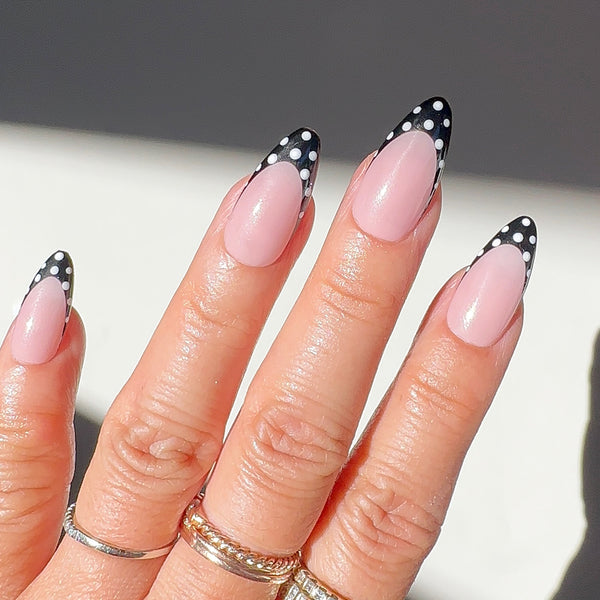 Handmade- Black French Dots- Black French with White Polka Dot Detail Press On Nail Set