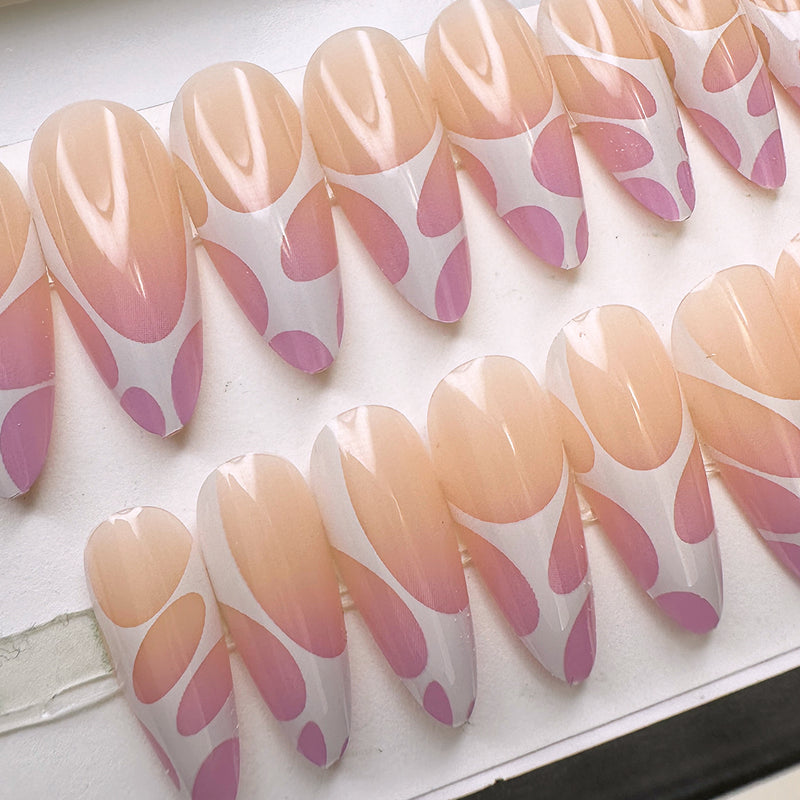 Instant Glam- Retro Liquid Pink White Swirl Almond Press On Press On Nail Set