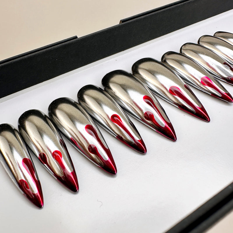 Handmade- Bloody Drip Chrome Halloween Press On Nails