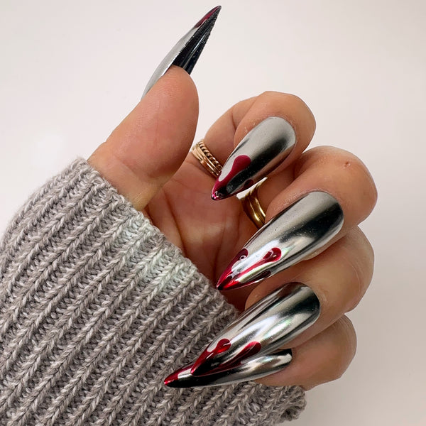 Handmade- Bloody Drip Chrome Halloween Press On Nails