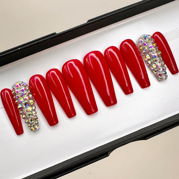 Ready To Ship Set Now- Classic Red w Bling Glossy- C-Curve Long Coffin, Size M