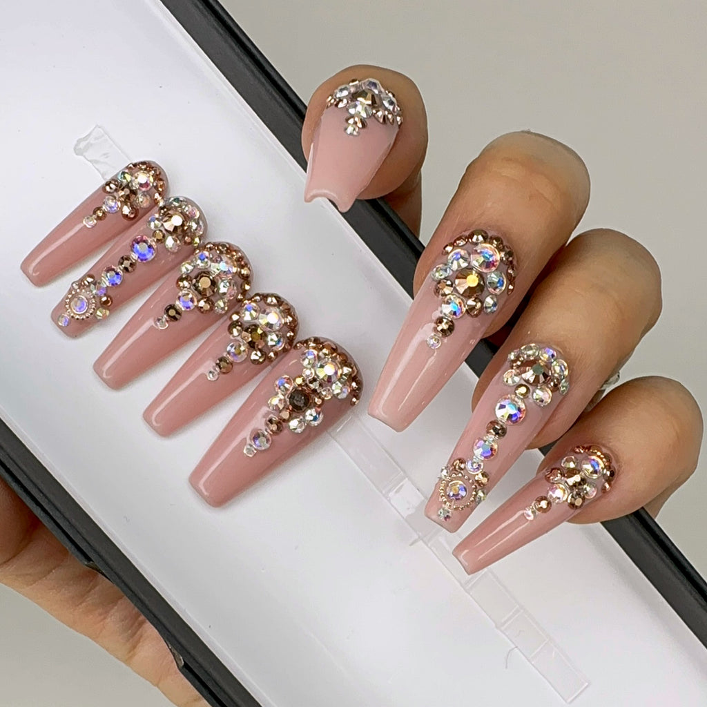 Handmade- Glossy Nude Gold Glitter Bling Crystal Ombre Press On Nail S