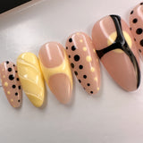 Handmade- Smooth Butter Yellow Black Polka Dots Press On Nail Set