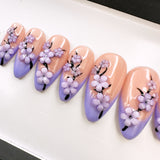 Handmade- Blue Cherry Blossom Press On Nail Set