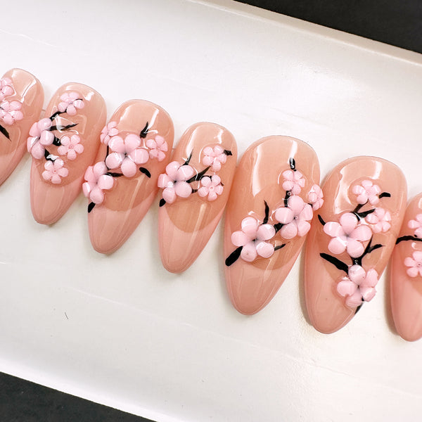 Handmade- Pink Cherry Blossom Press On Nail Set