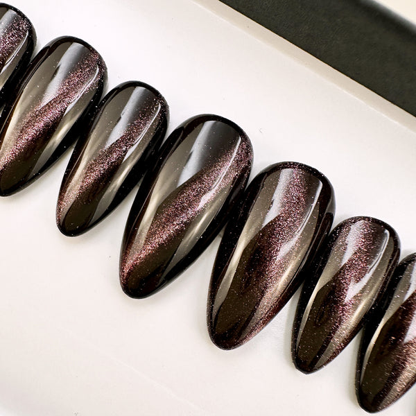 Handmade- Chianti Dark Wine Cateye Press On Nail Set